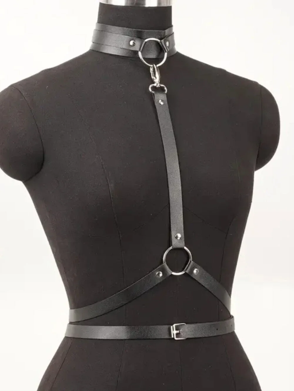 BDSM Bondage Body Harness Collar - Waist Black PU Leather W/Large Silver O-rings